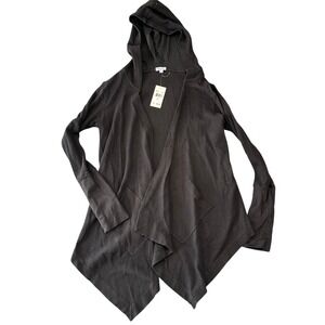 Splendid Waffle Knit Hooded Open Front Shart Bite Hem Cardigan Black NWT Casual